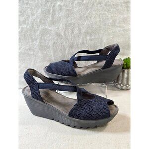Skechers Memory Foam Navy Blue Wedge Sandals With Stretch Straps & Peep Toe Desi
